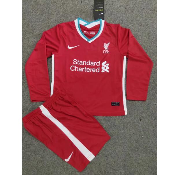 Liverpool Kids Home Long Sleeve Soccer Kits Shirt With Shorts 2020/21